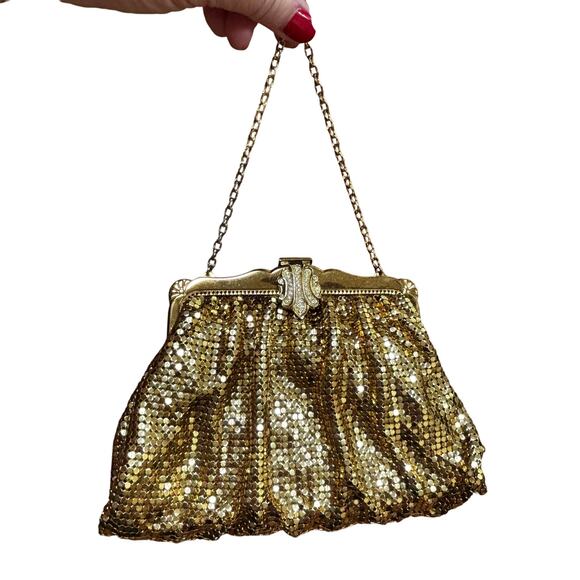 Vintage Whiting & Davis gold mesh evening bag top handle clutch rhinestone clasp - Picture 12 of 13